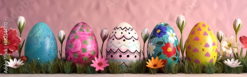 Easter Joy: Colorful Watercolor Egg Collection on Panoramic Banner Background