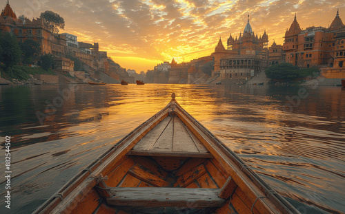 Varanasi River Sunset Ancient Architecture and Typical Wooden Boats Ganga River Bank Historic Holy Manikarnika Ghat India Travel Photography photo