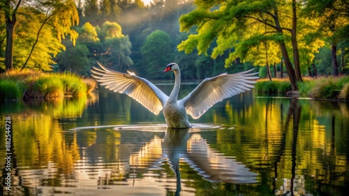 Fototapeta Naklejka Na Ścianę i Meble -  Solemn swan majestically spreads wings, stirring ripples on glassy lake surface, surrounded by lush greenery and majestic trees.