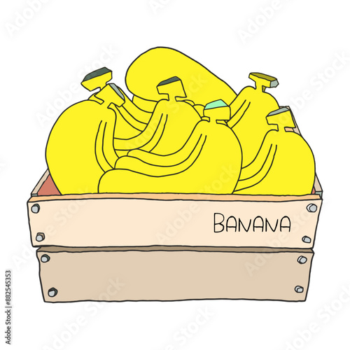 Illustration of a bunch of yellow bananas in a wooden box