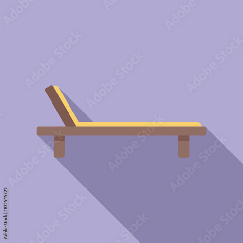 Wooden beach chaise longue casting a long shadow, simple icon illustration in flat design