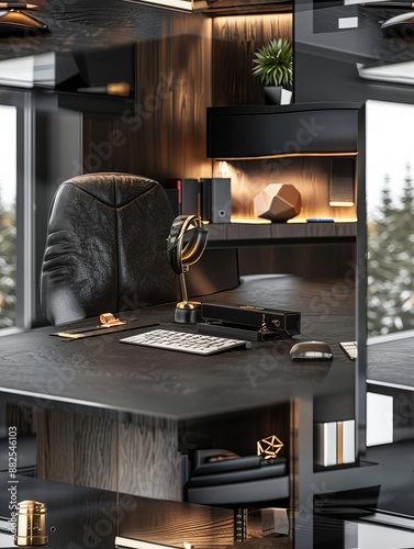 10 Boss's table, minimalist design, desktop computer, luxury pen set, clean and organized, high detail