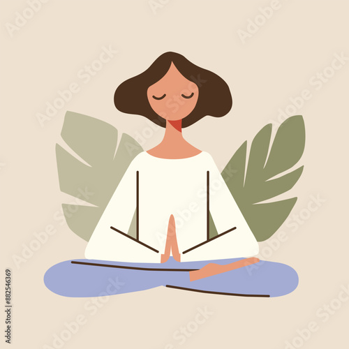 Woman practices yoga and meditation isolated on beige background. Kundalini and reiki healing energy. Mind mental health, connect the universe, power concept. Vector flat lay illustration for design