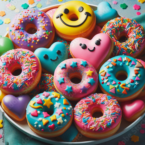 A colorful assortment of decorated donuts on a pink plate