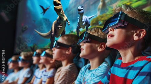 Fototapeta Naklejka Na Ścianę i Meble -  kids watching 3D dinosaur movie at the cinema