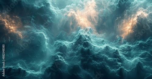 Dark Green and Cyan Smoke Fantasy Background with Misty Atmosphere and Volumetric Rays of Light
