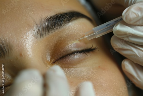 Spa beautician applying serum with protective gloves to young woman's face photo