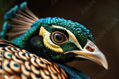 Peacock Plumes: A Closeup View of Vibrant Feathers Against a Background of Nature - Top View photo