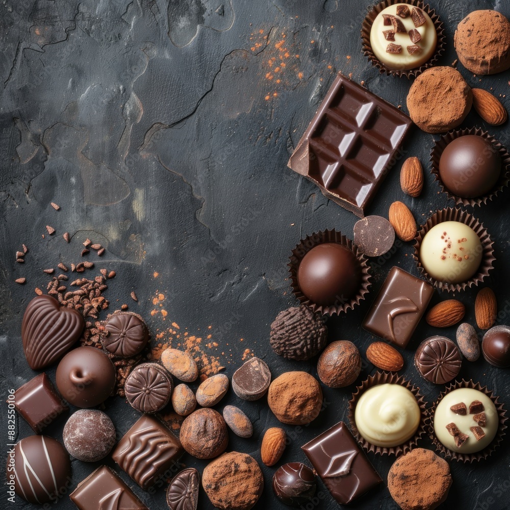 Assorted Gourmet Chocolate Candies with Nuts and Cocoa Powder on a Dark Background Assorted Gourmet Chocolate Candies with Nuts and Cocoa Powder on a Dark Background