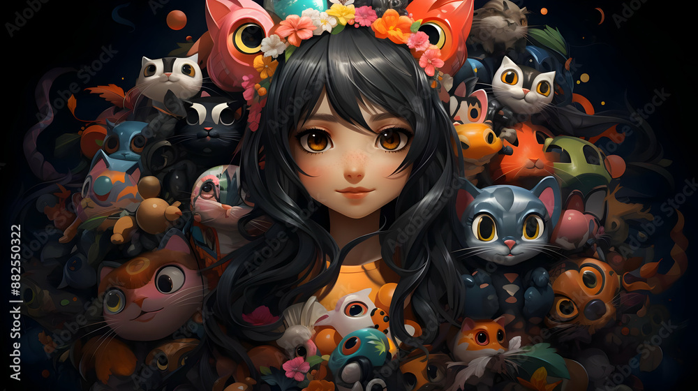 Cute Anime Girl Surrounded by Cats Illustration Cute Anime Girl Surrounded by Cats Illustration