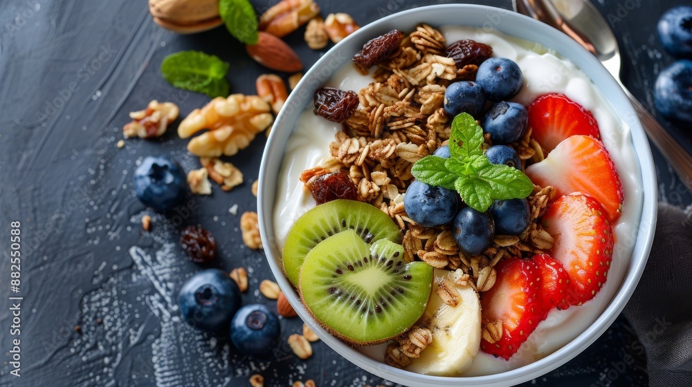 Homemade granola with nuts and raisins, kiwi, blueberries, banana, strawberries and plain yogurt. Top view. Concept of healthy lifestyle, dieting, healthy eating and breakfast.