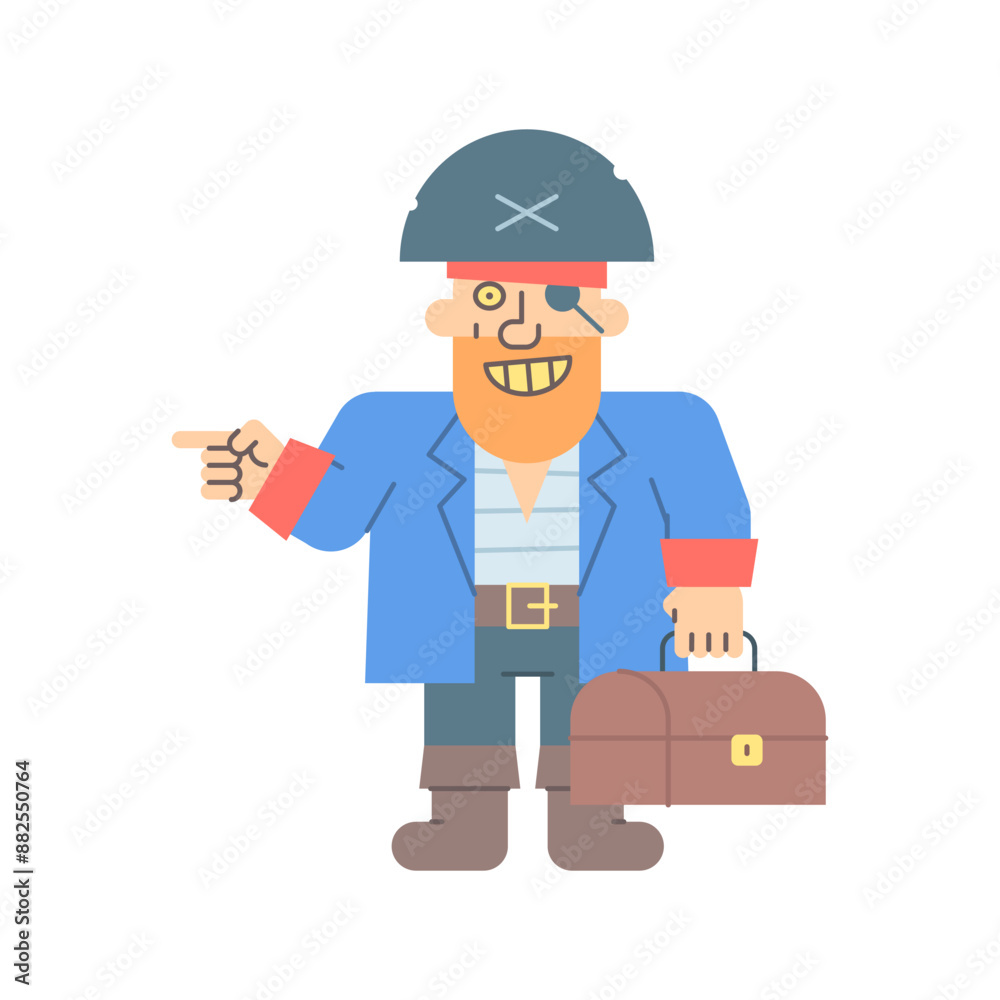 Pirate points finger holding suitcase and smiling Pirate points finger holding suitcase and smiling