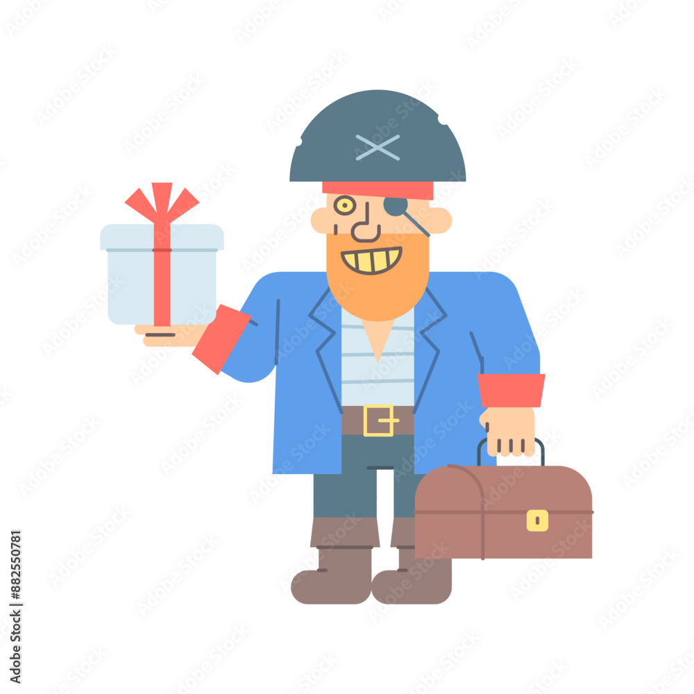 Pirate three quarters holding gift box holding suitcase and smiling Pirate three quarters holding gift box holding suitcase and smiling