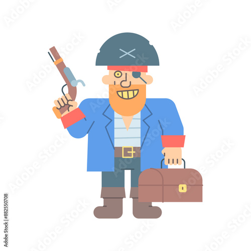 Pirate holding pistol holding suitcase and smiling