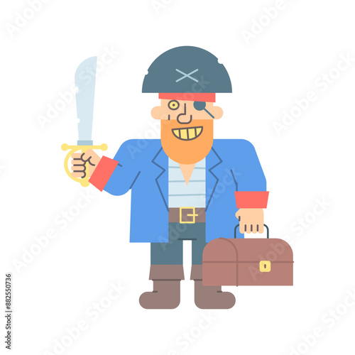 Pirate holding saber holding suitcase and smiling