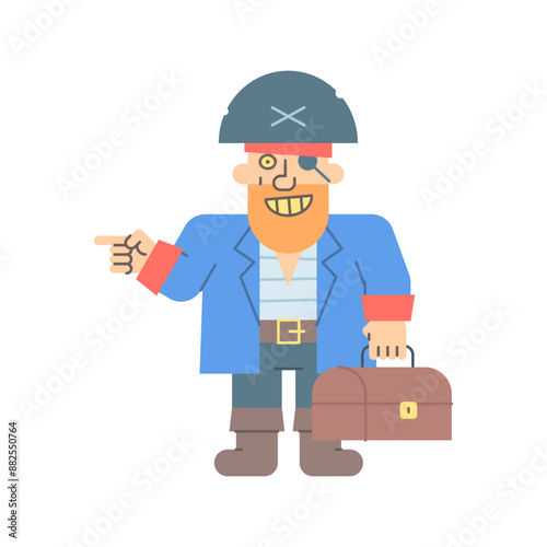 Pirate points finger holding suitcase and smiling