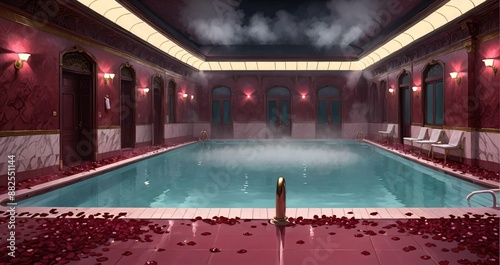 interior of bathhouse spa indoor swimming pool hot tub in palace mansion castle house. steam and fog. luxurious greek and gothic style resort with flower petals scattered on red tile and water. © Shane Sparrow
