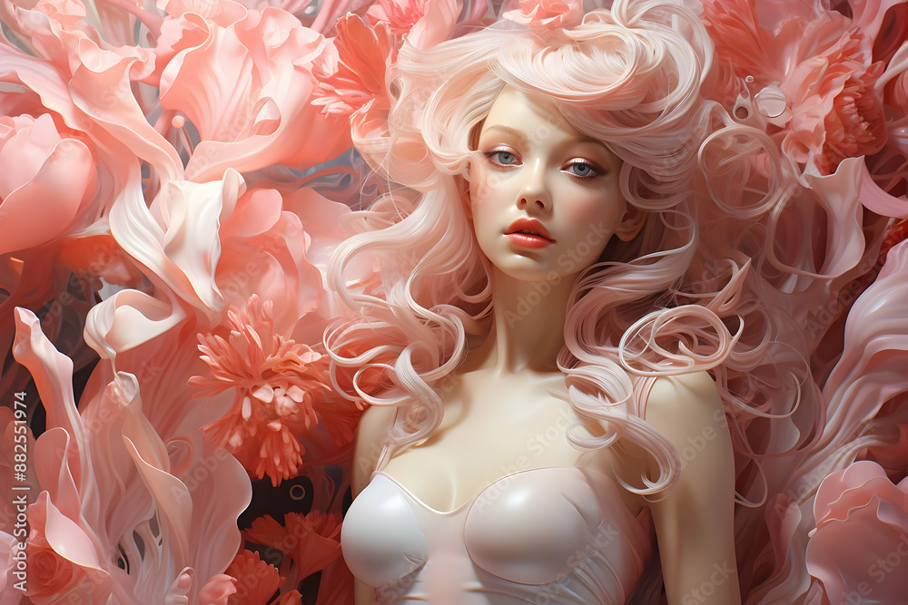 Digital Art Illustration of a Woman with Pink Hair in a Flower Garden Digital Art Illustration of a Woman with Pink Hair in a Flower Garden
