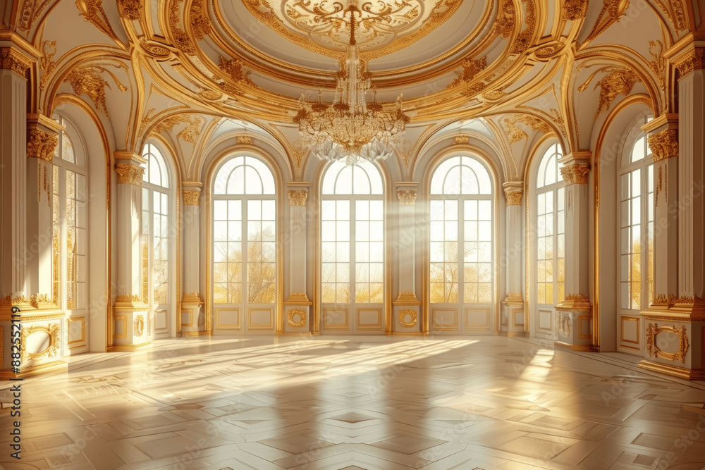 Obraz premium Elegant ballroom with chandelier, gold trim, arched doors, and sunlight shadows