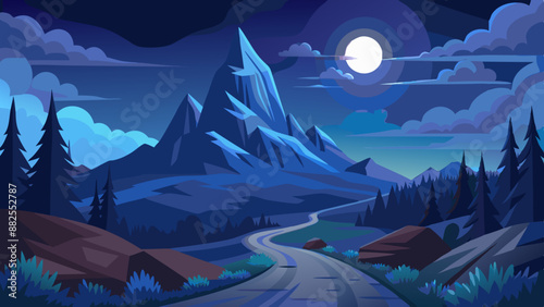 Landscape illustration of a nighttime mountain scene with a path leading to rocky hills under a starry sky with clouds and a full moon vector illustration 