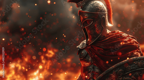 Epic Athenian Warrior in Fiery Battlefield