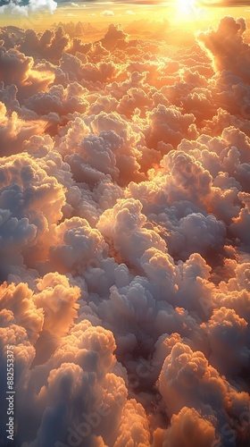 Beautiful fluffy clouds with soft warm lighting in golden tones. 