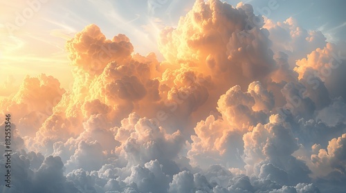 Beautiful fluffy clouds with soft warm lighting in golden tones. 