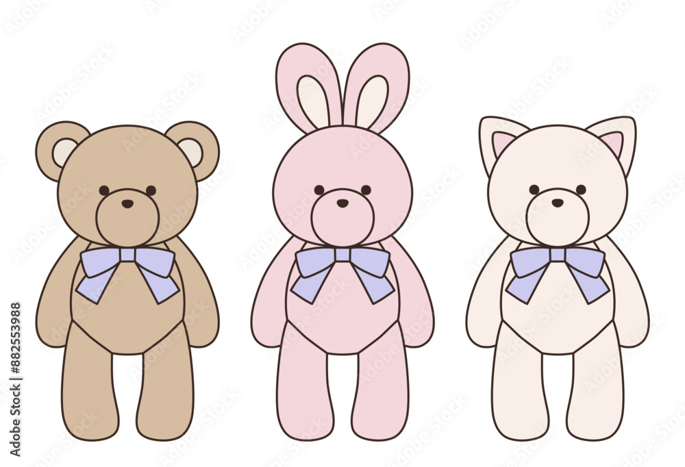 リボンをつけたかわいいくまとうさぎとねこのぬいぐるみのベクターイラストセット　アイコン　動物	