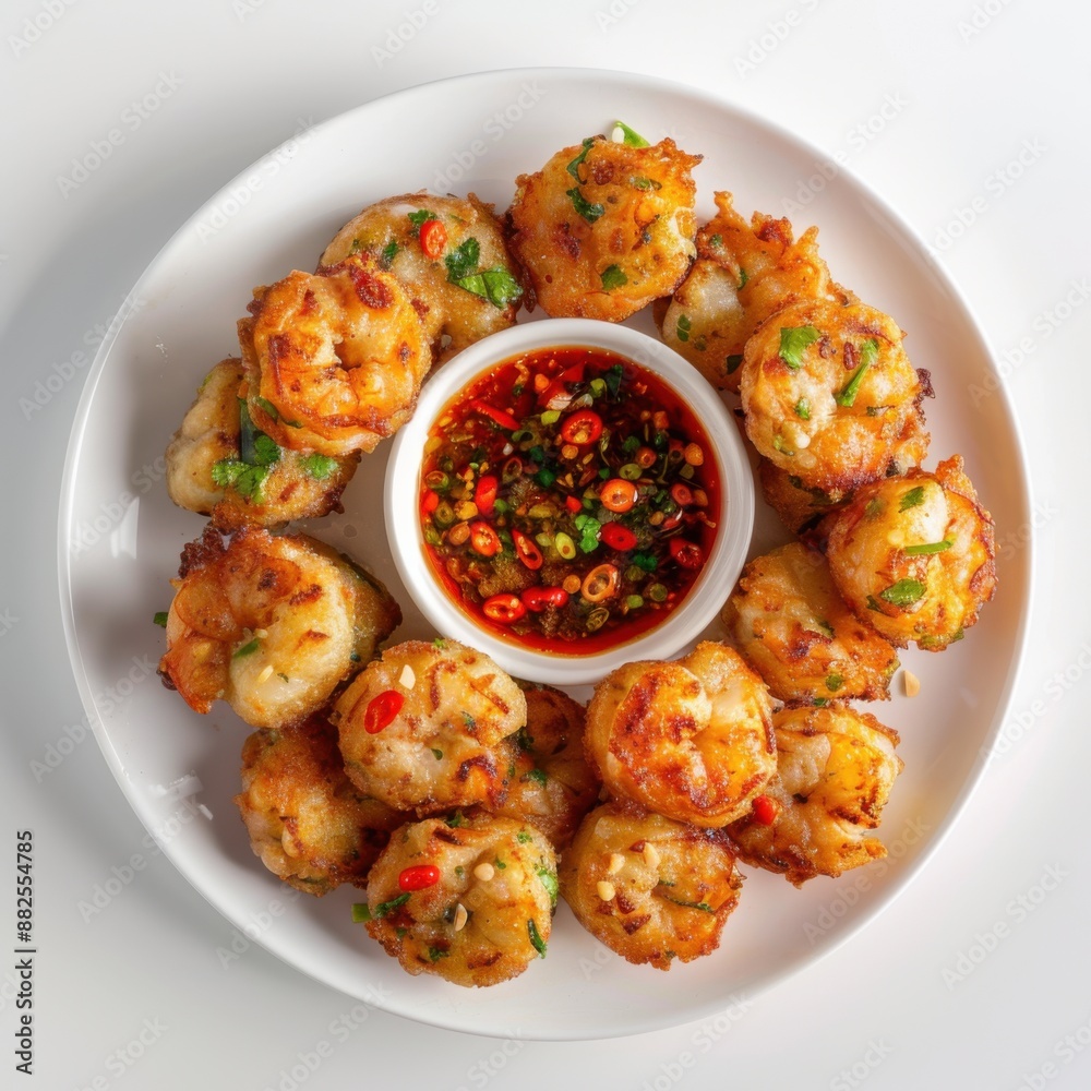 Authentic Thai Shrimp Cakes with Dipping Sauce Presentation on White Platter | Delicious Thai Snack Catering Concept Authentic Thai Shrimp Cakes with Dipping Sauce Presentation on White Platter | Delicious Thai Snack Catering Concept