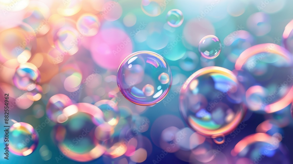 Colorful Soap Bubbles Floating in a Dreamy, Abstract Background with Bokeh Effects Colorful Soap Bubbles Floating in a Dreamy, Abstract Background with Bokeh Effects