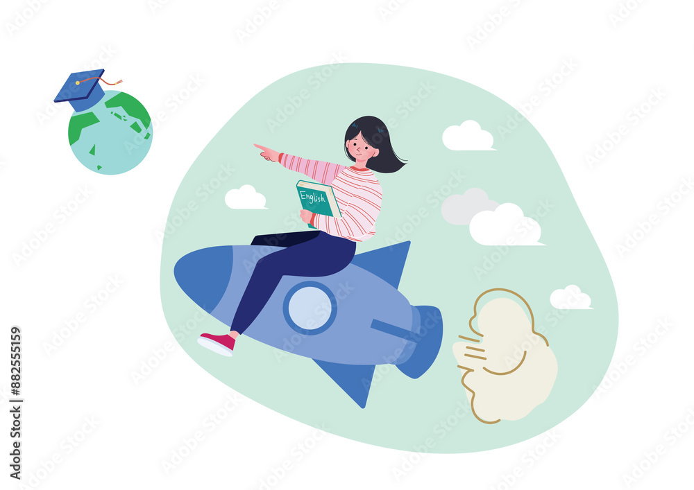 ロケットの乗って本を抱えながら指をさし留学に旅立つ日本人女性のイラスト　ワーホリ　フラット