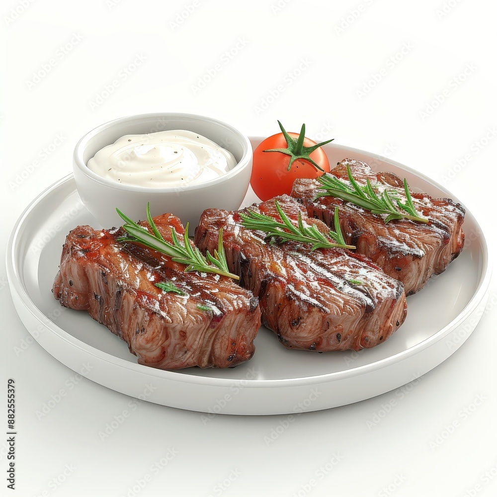 Grilled lamb chops, seasoned with rosemary, served with a side of mint yogurt sauce. Single Object on white background Grilled lamb chops, seasoned with rosemary, served with a side of mint yogurt sauce. Single Object on white background