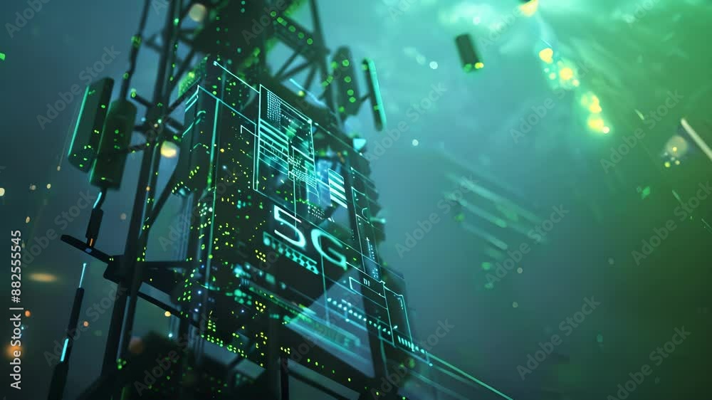 A 5G tower hidden within a camouflage pattern designed to blend in with its surroundings. A 5G tower hidden within a camouflage pattern designed to blend in with its surroundings.