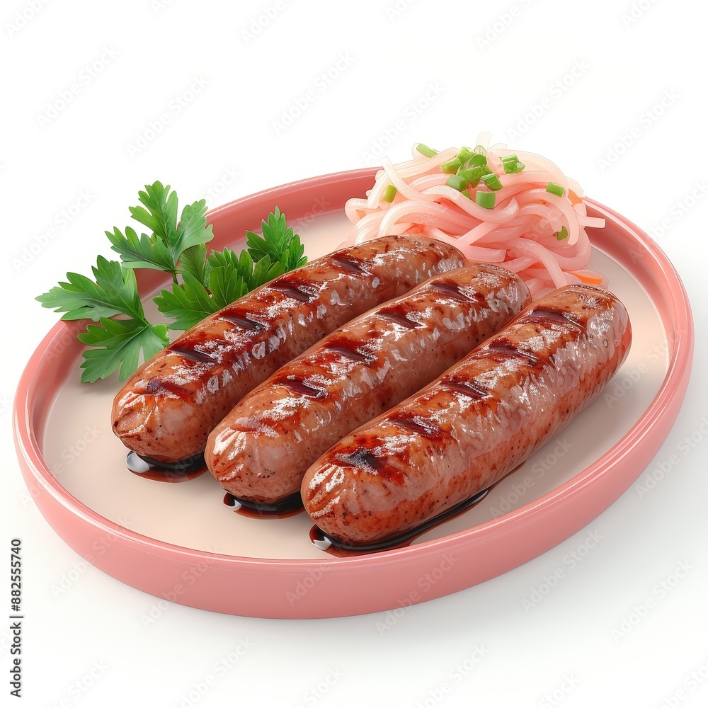 Grilled sausages, perfectly browned, served with a side of sauerkraut. Single Object, 3d Blender on white background Grilled sausages, perfectly browned, served with a side of sauerkraut. Single Object, 3d Blender on white background