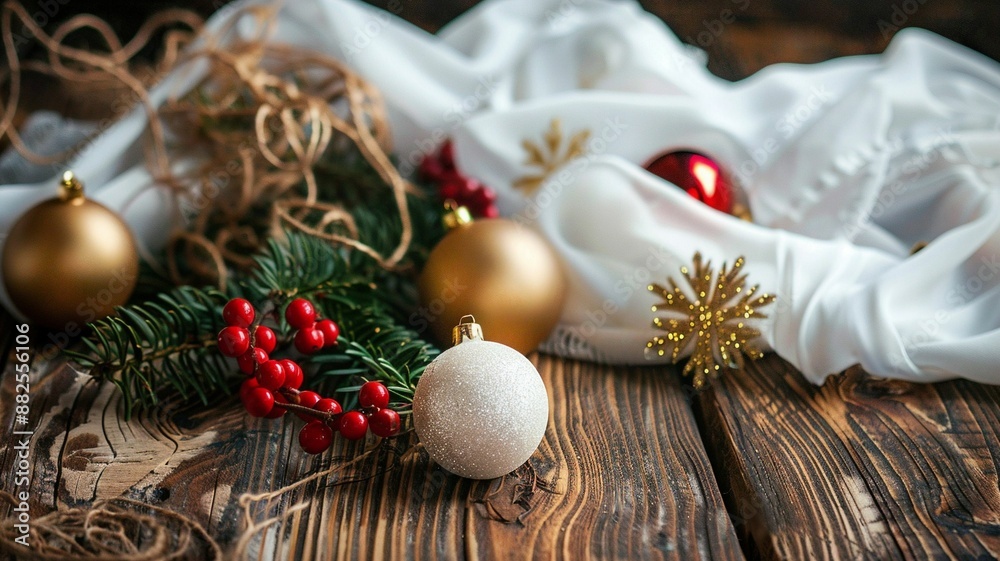 Christmas tree ornaments on wooden table decorated with cloth, Generative AI Christmas tree ornaments on wooden table decorated with cloth, Generative AI