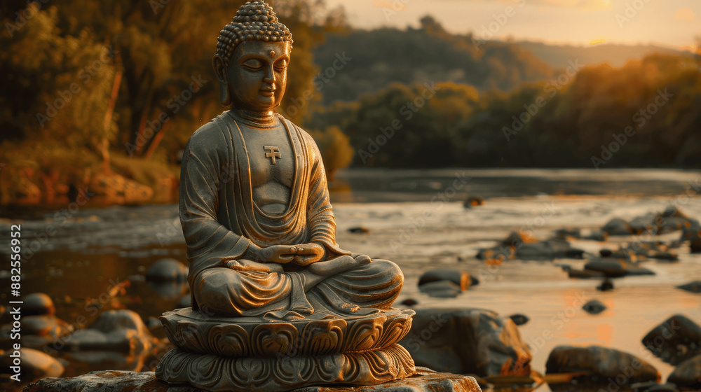 Fototapeta premium Buddha statue meditating by river at golden hour, spiritual zen meditation scene in nature, calming effect with peaceful background and spiritual art for meditation wallpaper