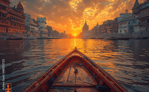 Varanasi Ancient Architecture and Boats on Ganga River at Sunset Travel Photography India