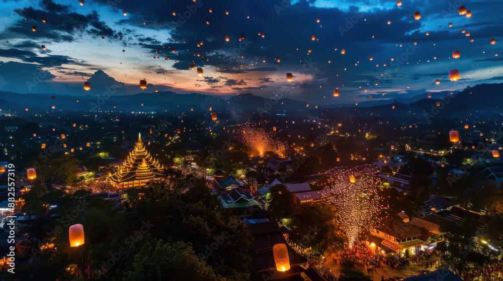 A beautiful moment at the Yi Peng Lantern Festival, with thousands of lanterns illuminating the night sky over Chiang Mai A beautiful moment at the Yi Peng Lantern Festival, with thousands of lanterns illuminating the night sky over Chiang Mai