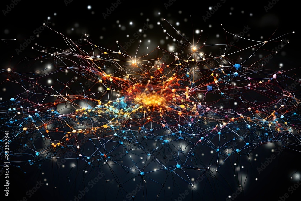 Fototapeta premium Neural network, visualization, human brain, analog, intricate, detailed, complexity, visual representation, background, cognitive processes, artificial intelligence, machine learning, data processing