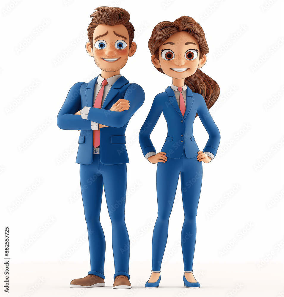 3d Cartoon Businessman and Businesswoman in Blue Suit with Happy Face and Arms Crossed on White Background 3d Cartoon Businessman and Businesswoman in Blue Suit with Happy Face and Arms Crossed on White Background