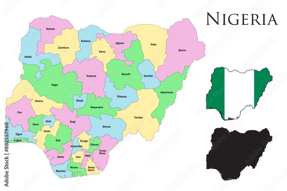 Obraz premium Nigeria administrative divisions. Nigeria flag and map illustration vector. 