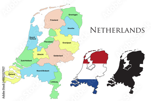 Netherlands administrative divisions. Netherlands flag and map illustration vector. 