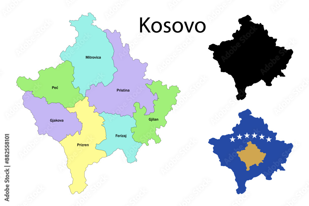 Kosovo administrative divisions. Kosovo flag and map illustration vector. Districts of Kosovo Kosovo administrative divisions. Kosovo flag and map illustration vector. Districts of Kosovo