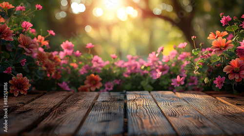 horizontal table with flower garden behind. 