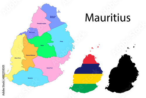 Mauritius administrative divisions. Mauritius flag and map illustration vector. Districts of Mauritius  photo