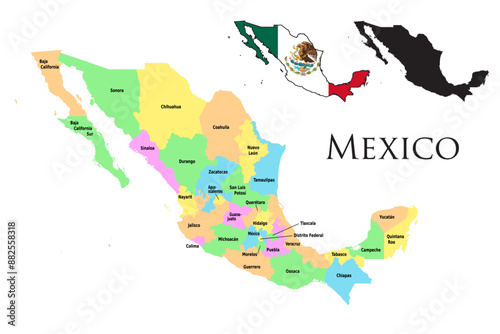 MEXICO administrative divisions. MEXICO flag and map illustration vector. Districts of MEXICO