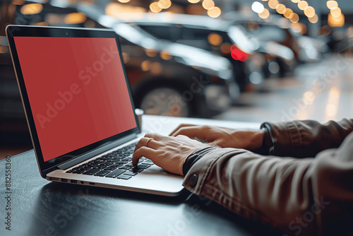 Businessman Typing on Laptop in Car Showroom with Red Screen for Eco-Friendly Car Design and Advertisement Planning © btiger