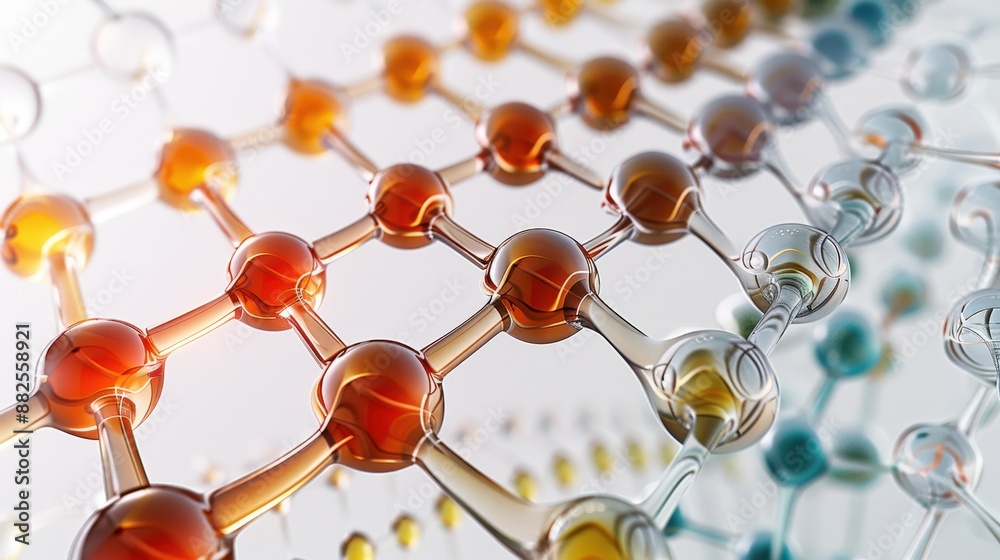 Close-up of a colorful molecular structure model representing scientific research, chemistry, and nanotechnology advancements.