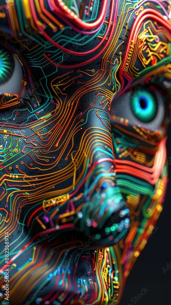 Close-up of a futuristic face with vibrant circuits and glowing eyes, highlighting advanced technology and digital art. Close-up of a futuristic face with vibrant circuits and glowing eyes, highlighting advanced technology and digital art.