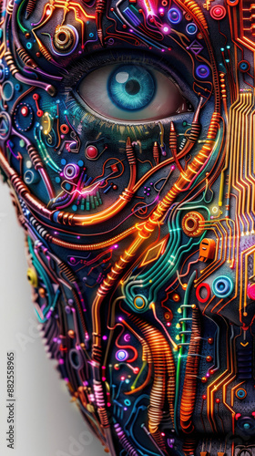 Close-up of a colorful, futuristic AI robot face with visible circuits and glowing eye, symbolizing advanced technology and artificial intelligence. © lertsakwiman